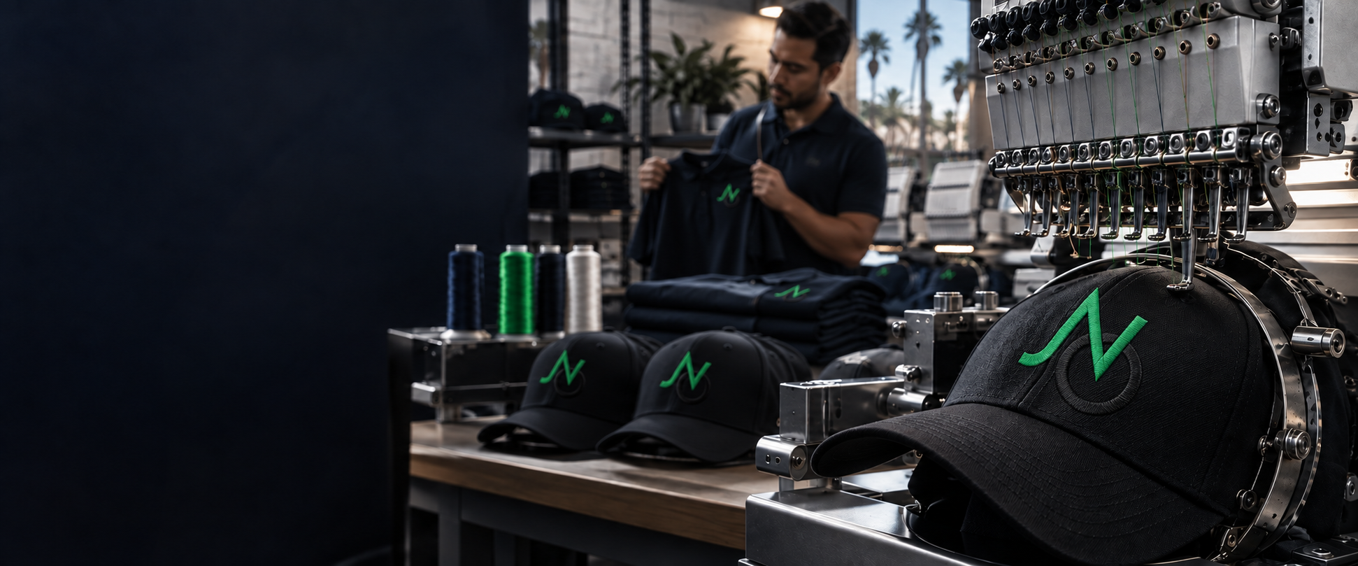 Commercial embroidery machine stitching a cap